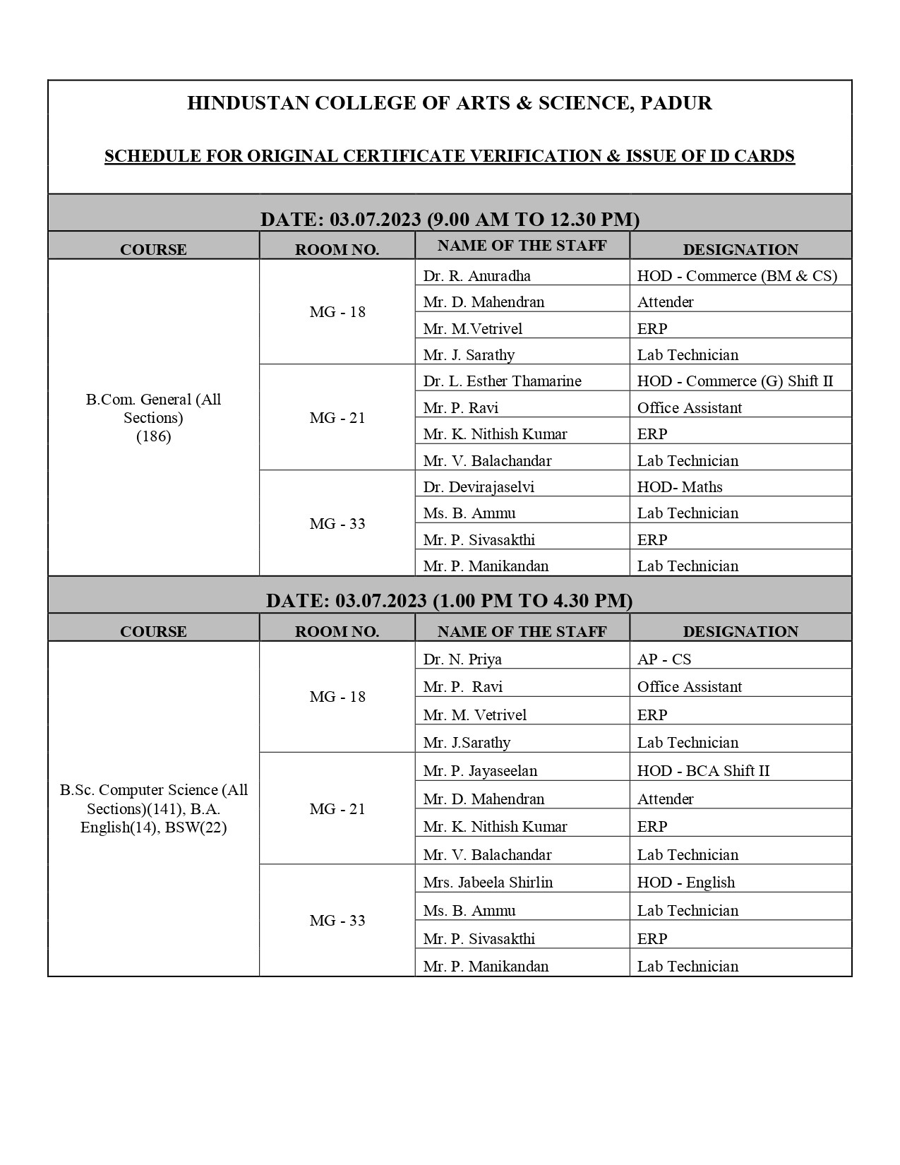 SCHEDULE FOR ORIGINAL CERTIFICATE VERIFICATION & ISSUE OF ID CARDS